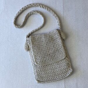 Crochet Crossbody Bag Beige Boho Knit Small Messenger Purse Braided Strap